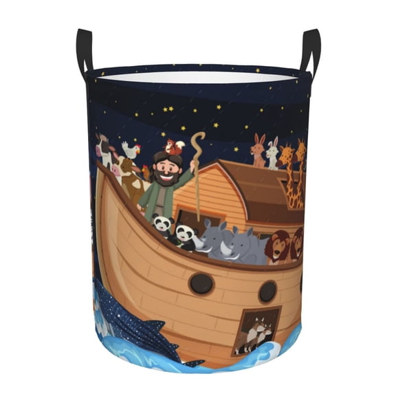Fuzoiu Ocean Scene with Noah's Ark Print Circular Hamper,Laundry Basket with Handle,Collapsible Laundry,Dirty Clothes Storage Basket,for Bedroom Bathroom Dorm Living Room-Medium