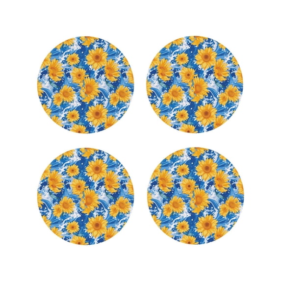 Fuzoiu Ocean Wave Sunflower Print Leather Coasters Set,Drink Coasters Set of 4,for Tabletop Protection, Durable PVC Coasters,Home Décor and Housewarming Gift-Round Shape