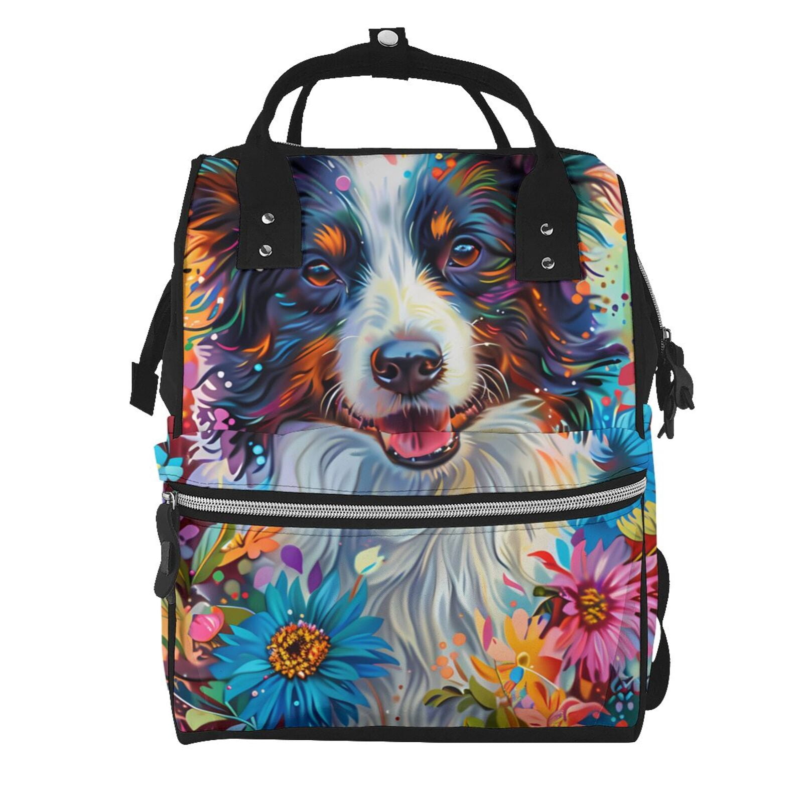 Fuzoiu Oil Painting Sunflower Puppy Print Diaper Bag Backpack,Baby Essentials Travel Tote,Multi function Waterproof Diaper Bag, Travel Essentials Baby Bag - Unisex
