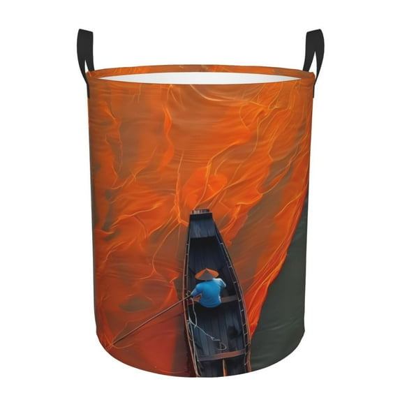Fuzoiu Orange Net Fishing Boat Print Circular Hamper,Laundry Basket with Handle,Collapsible Laundry,Dirty Clothes Storage Basket,for Bedroom Bathroom Dorm Living Room-