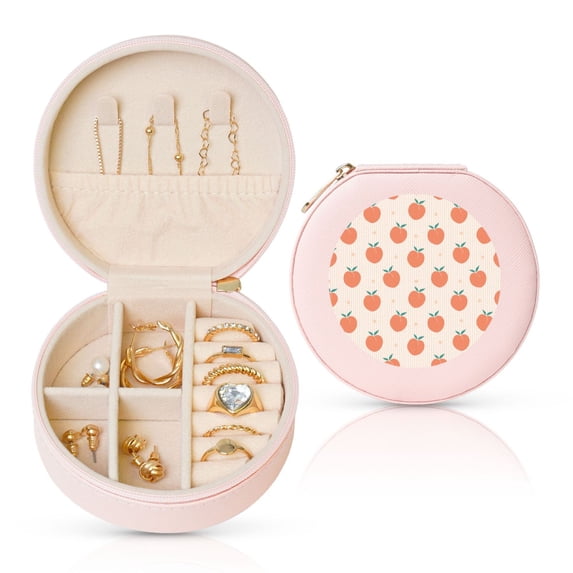 Fuzoiu Orange Peach Print Portable Jewelry Box,Round Mini Leather Travel Jewelry Case,Small Travel Jewelry Organizer,Jewelry Holder for Ring Necklace Earring for Women Girls-Pink