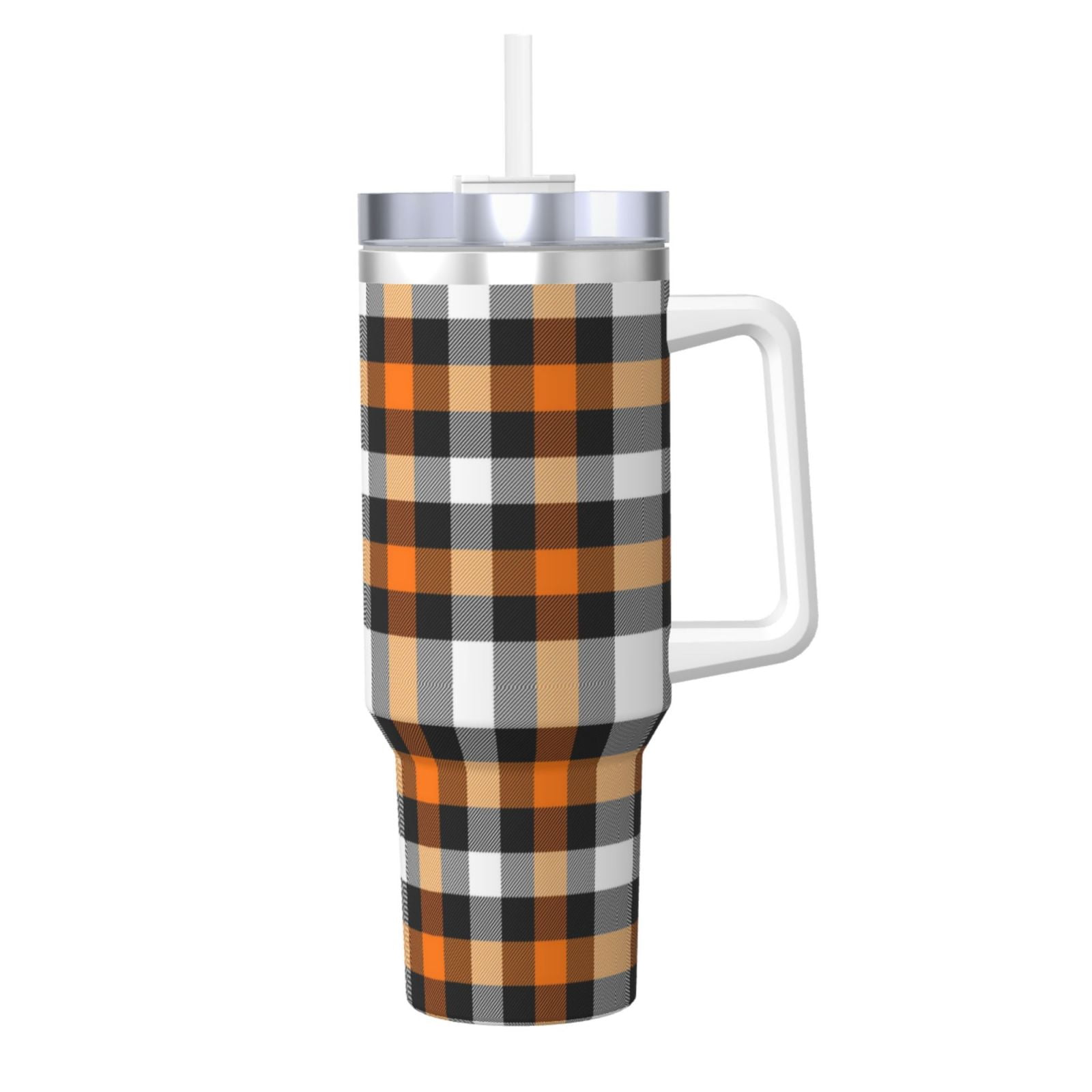 Fuzoiu Orange Plaid Print 40OZ Ice Bully Stainless Steel Insulated Cup with Handle and Straw ...