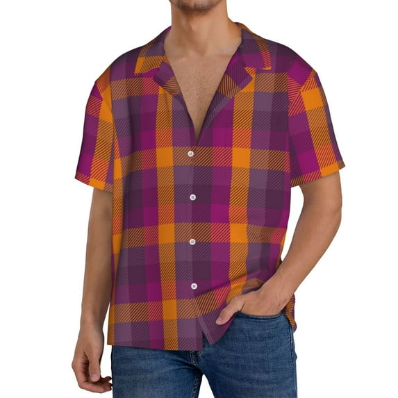 Fuzoiu Orange and Purple Plaid Print Men's Casual Short,Men's Short Sleeve Shirt,Mens Casual Button Down Shirts,Cuban Collar Summer Shirt for Beach, Vacation, and Outdoor Activities-3X-Large