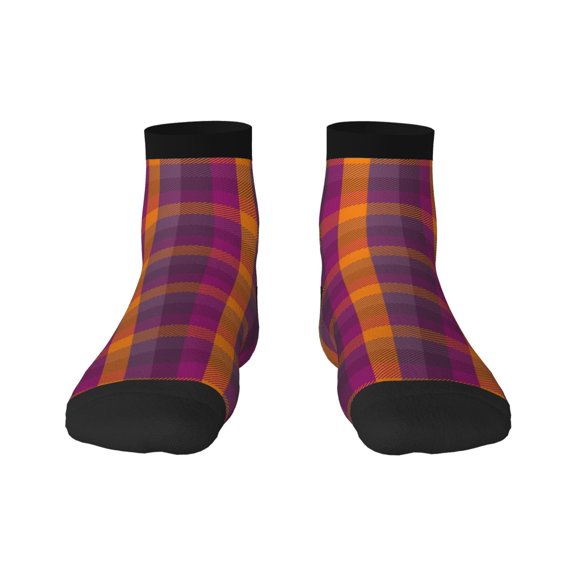 Fuzoiu Orange and Purple Plaid Print Adult Socks, Crew Moisture-wicking Socks, Unisex Cushion Crew Socks,Casual Sports Ankle Socks