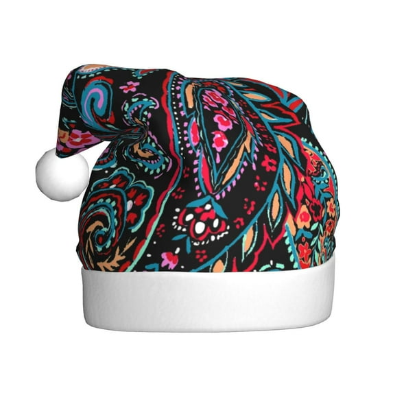 Fuzoiu Paisley Print Santa Hat Christmas Hat for Adults,Santa Hats with Pompom, Unisex Xmas Holiday Hat for Christmas New Year Festive Party Supplies