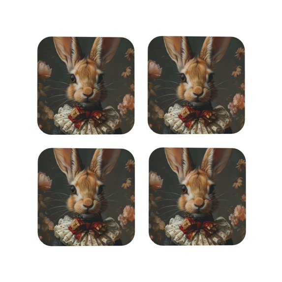 Fuzoiu Palatial Style Flower Rabbit Print Leather Coasters Set,Drink Coasters Set of 4,for Tabletop Protection, Durable PVC Coasters,Home Décor and Housewarming Gift-Square