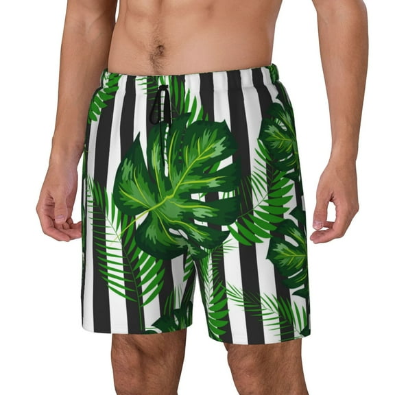 Fuzoiu Palm Greenery Print Men's Swim Shorts,Quick-Dry Double-Layer Swim Trunks,Board Trunks,Beach Shorts Swimwear Bathing Suits-Large