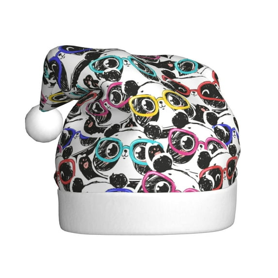 Fuzoiu Panda And Glasses Print Santa Hat Christmas Hat for Adults,Santa Hats with Pompom, Unisex Xmas Holiday Hat for Christmas New Year Festive Party Supplies