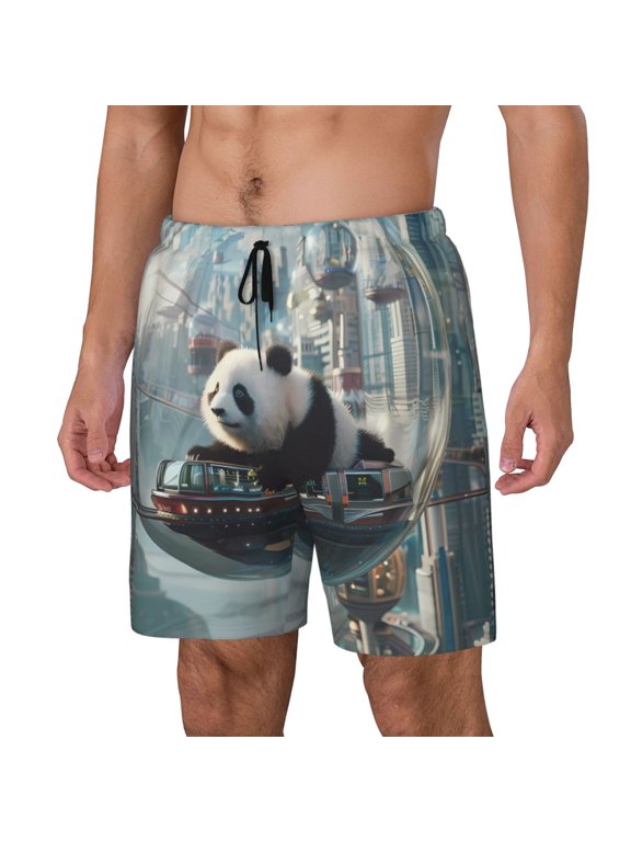 Panda In Futuristic City Print Men's Swim Shorts,Quick-Dry Double-Layer Swim Trunks,Board Trunks,Beach Shorts Swimwear Bathing Suits-