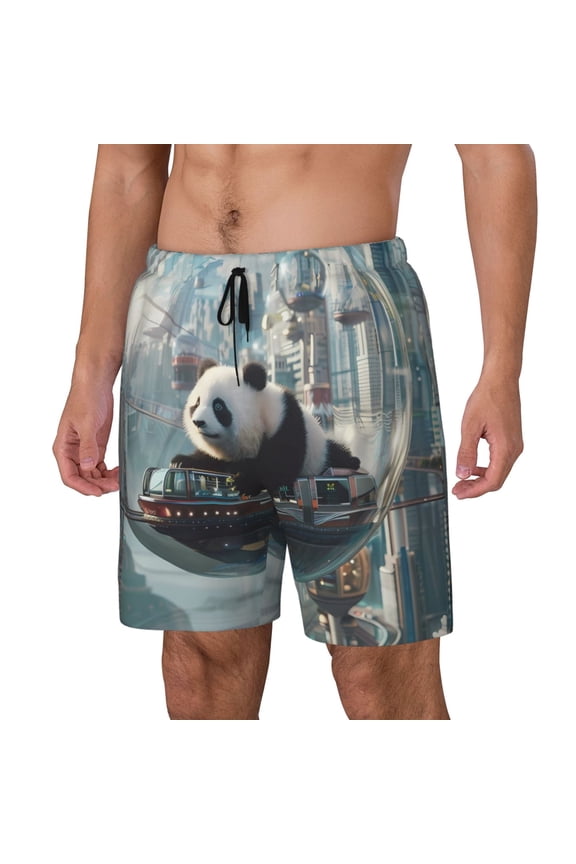 Panda In Futuristic City Print Men's Swim Shorts,Quick-Dry Double-Layer Swim Trunks,Board Trunks,Beach Shorts Swimwear Bathing Suits-XX-Large