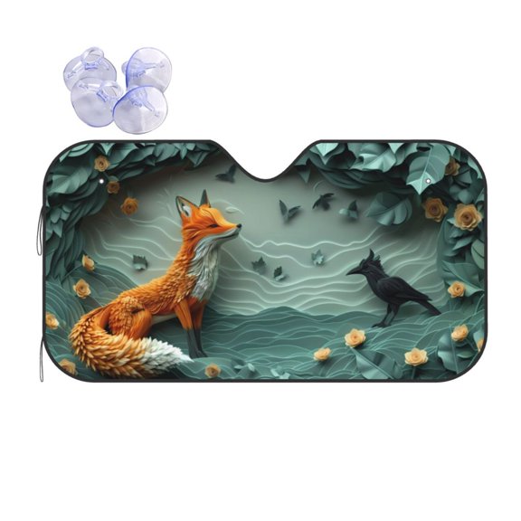 Fuzoiu Paper Fox Crow Fantasy Print Car Windshield Sun Shade,Block Uv Rays Sunshade,Foldable Front Window Sun Visor Protector for Car,SUV,Truck-Keep Vehicle Cool-Paper Fox Crow Fantasy