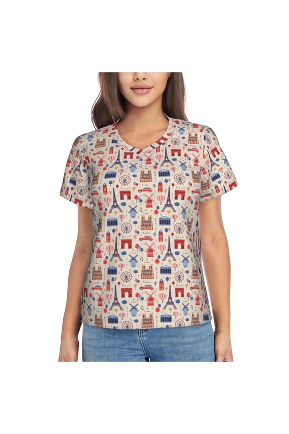Paris Print Women's Classic V-Neck T-Shirt, Short Sleeve V Neck Tees for Casual Everyday Wear,Casual Fit Tee,Summer Fashion Tops-Medium