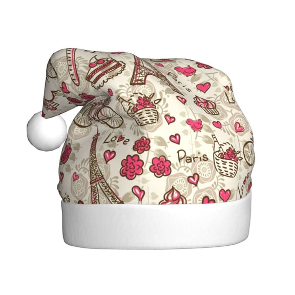 Fuzoiu Paris Vintage Print Santa Hat Christmas Hat for Adults,Santa Hats with Pompom, Unisex Xmas Holiday Hat for Christmas New Year Festive Party Supplies