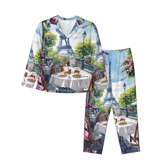 Fuzoiu Parisian Cafe With Eiffel Print Women's Long-Sleeved Pajama,Lounge Button Down Nightwear,Womens Notch Collar Pajama Set-Medium
