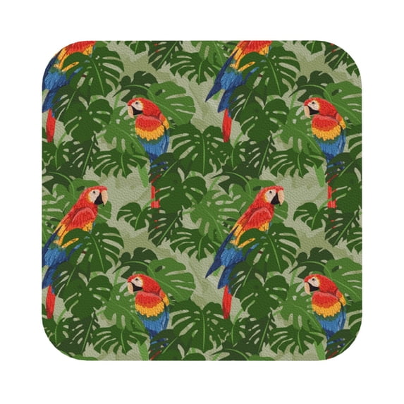 Fuzoiu Parrots And Tropical Leaves Print Leather Coasters Set,Drink Coasters Set of 6,for Tabletop Protection, Durable PVC Coasters,Home Décor and Housewarming Gift,Square