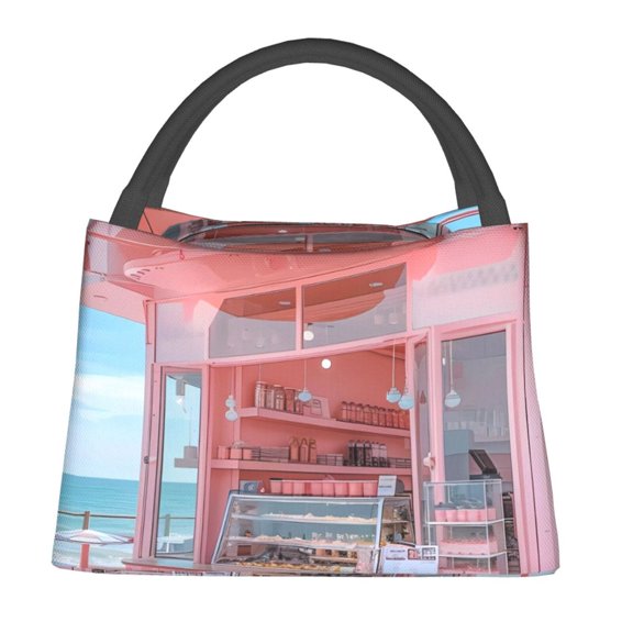 Fuzoiu Pastel Pink Beach Cafe Print Portable Insulation Lunch Bag,Large Lunch Box,Container Reusable Leakproof Tote for Work, Travel, and Outdoor Activities