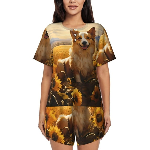 Fuzoiu Pastoral Sunflower Corgi Print Women's Short-Sleeved Pajama Set,Lounge Sleepwear Set,Womens Pajama Sets 2 Piece,Button-Up Top and Shorts with Pockets-Small