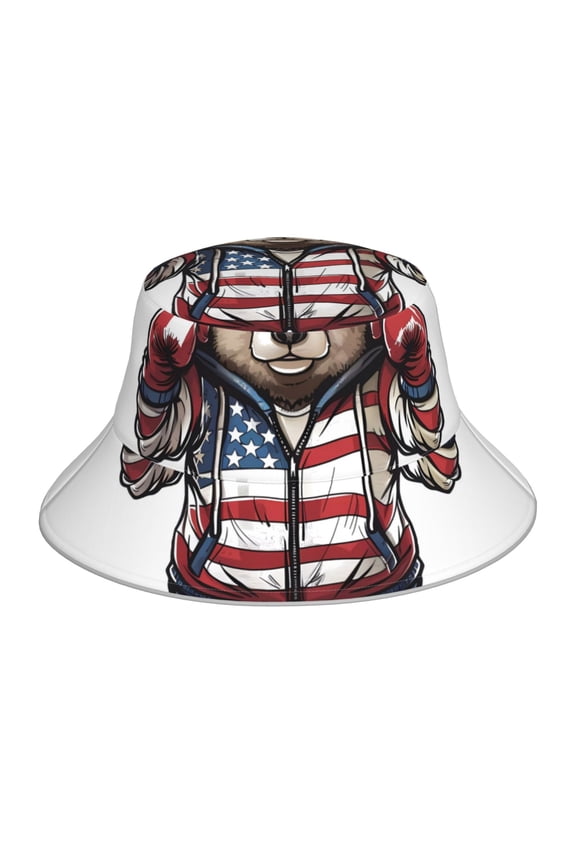 Patriotic Boxing Bear Art Print Reflective Bucket Hat,Outdoor Hat for Men and Women,Bucket Hat for Travel Fishing Hunting Summer Camp