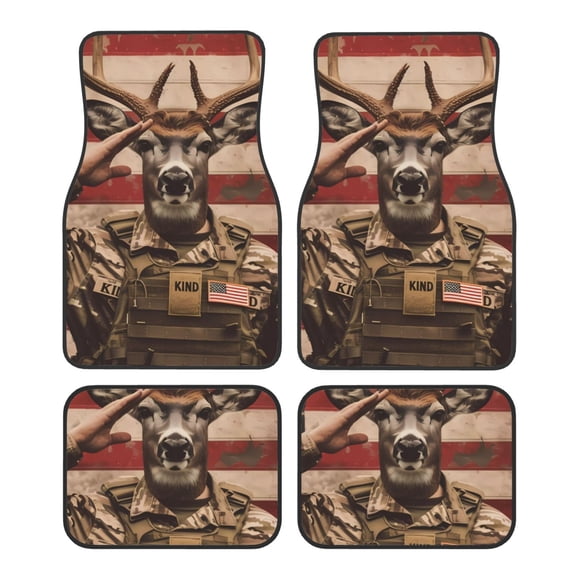 Fuzoiu Patriotic Deer Soldier Salute Print Carpet Floor Mats for Car,Car Foot Mat Set,Universal Fit 4 Piece Mat Pad Set,Fits Most Cars Trucks Vans Sedans SUV Auto Carpet Mat Se