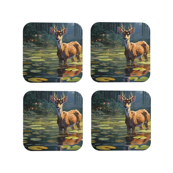 Fuzoiu Peaceful Deer Lily Pond Print Leather Coasters Set,Drink Coasters Set of 4,for Tabletop Protection, Durable PVC Coasters,Home Décor and Housewarming Gift-Square