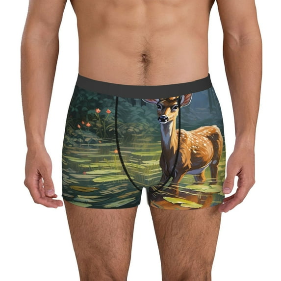 Fuzoiu Peaceful Deer Lily Pond Print Men's Ultra Breathable Underwear,No Riding Up Boxer Briefs with ComfortFlexible Waistband-Small