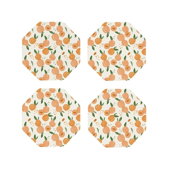 Fuzoiu Peaches Print Leather Coasters Set,Drink Coasters Set of 4,for Tabletop Protection, Durable PVC Coasters,Home Décor and Housewarming Gift-Octagon