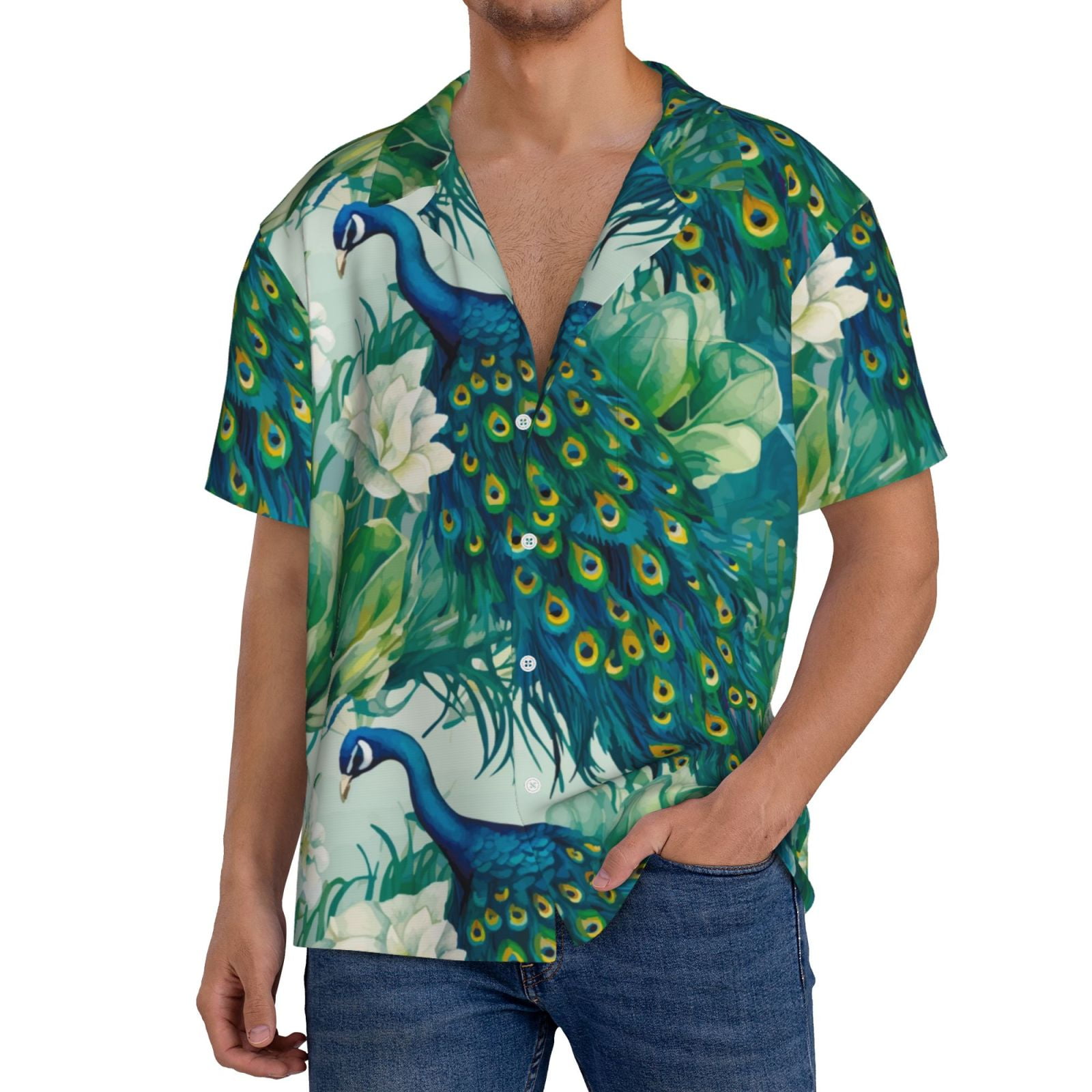 Fuzoiu Peacock And Flowers Print Men's Casual Short,Men's Short Sleeve ...