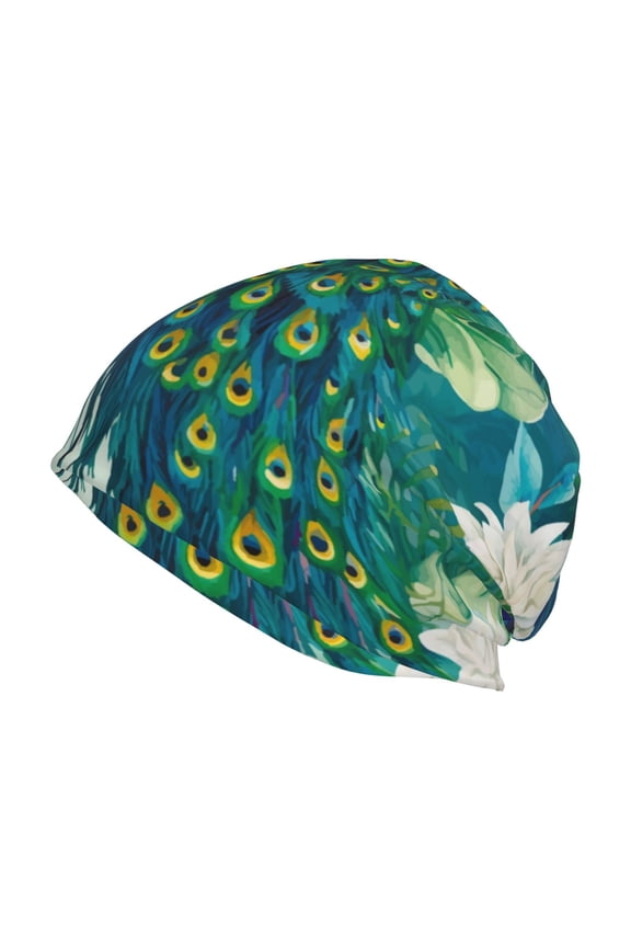 Peacock And Flowers Print Winter Beanie Hat for Men & Women,Warm Knit Cap,Women Windproof Watch Hat,Knit Warm Unisex Beanie