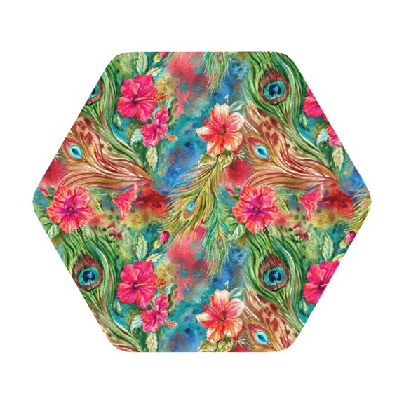 Fuzoiu Peacock Feathers And Flowers Print Leather Coasters Set,Drink Coasters Set of 6,for Tabletop Protection, Durable PVC Coasters,Home Décor and Housewarming Gift,Hexagon