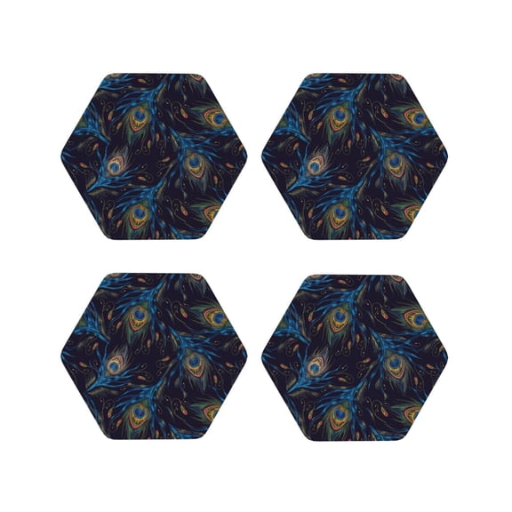 Fuzoiu Peacock Feathers Print Leather Coasters Set,Drink Coasters Set of 4,for Tabletop Protection, Durable PVC Coasters,Home Décor and Housewarming Gift-Hexagon