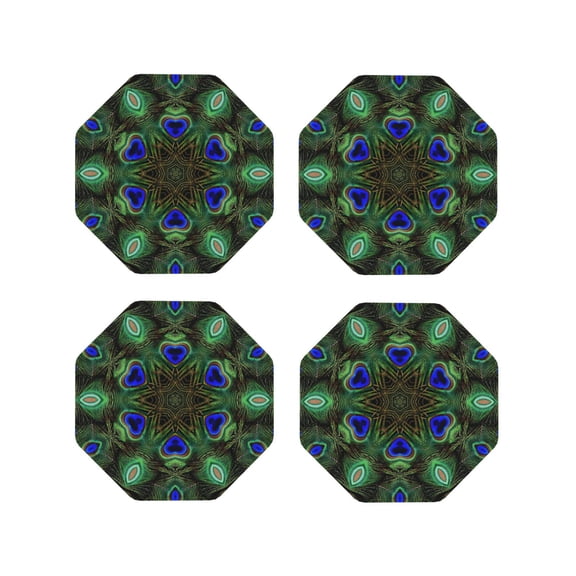 Fuzoiu Peacock Feathers Print Leather Coasters Set,Drink Coasters Set of 4,for Tabletop Protection, Durable PVC Coasters,Home Décor and Housewarming Gift-Octagon