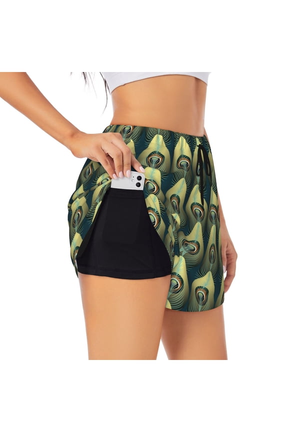 Peacock Gold Feather Print Women's Athletic Shorts, Double-Layer Running Shorts with Pocket,Women's Workout Shorts for Yoga, Gym, and Workouts-Medium