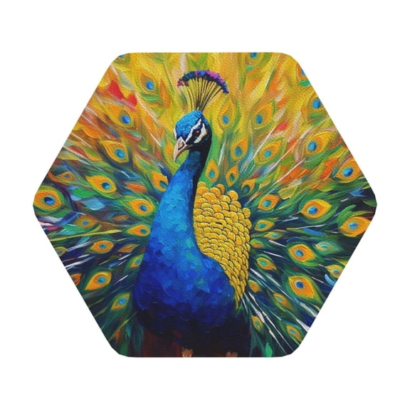 Fuzoiu Peacocks Print Leather Coasters Set,Drink Coasters Set of 6,for Tabletop Protection, Durable PVC Coasters,Home Décor and Housewarming Gift,Hexagon