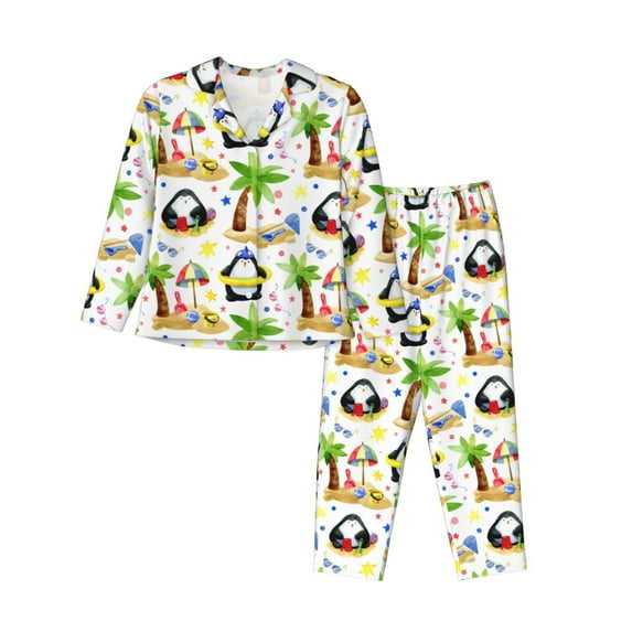 Fuzoiu Penguins On The Beach Print Women's Long-Sleeved Pajama,Lounge Button Down Nightwear,Womens Notch Collar Pajama Set-X-Large