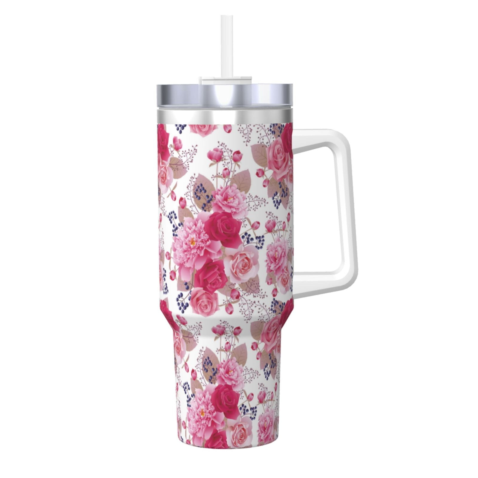 Fuzoiu Peonies And Roses Print 40OZ Ice Bully Stainless Steel Insulated Cup with Handle and ...