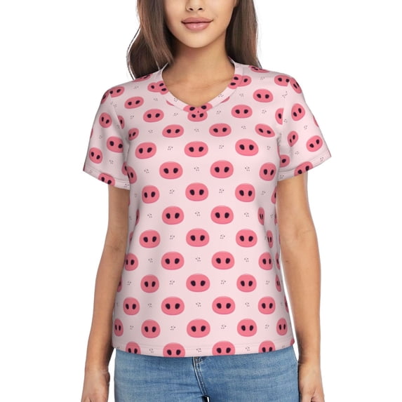 Fuzoiu Pig Noses Print Women's Classic V-Neck T-Shirt, Short Sleeve V Neck Tees for Casual Everyday Wear,Casual Fit Tee,Summer Fashion Tops-X-Large