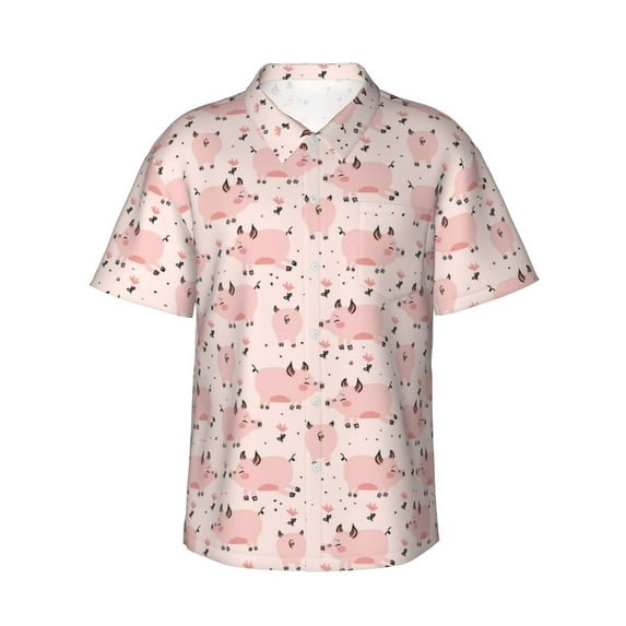 Fuzoiu Pig Print Hawaiian Shirt for Men, Summer Beach Casual Short Sleeve Button Down Shirts, Men’s Beach Summer Shirts with Pocket,Medium