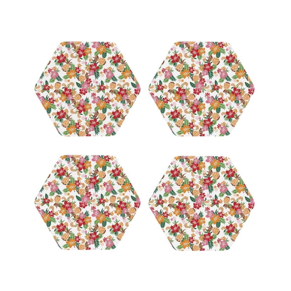 Fuzoiu Pineapple Flower Print Leather Coasters Set,Drink Coasters Set of 4,for Tabletop Protection, Durable PVC Coasters,Home Décor and Housewarming Gift-Hexagon