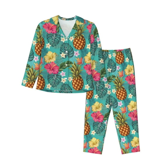 Fuzoiu Pineapple Print Women's Long-Sleeved Pajama,Lounge Button Down Nightwear,Womens Notch Collar Pajama Set-Medium