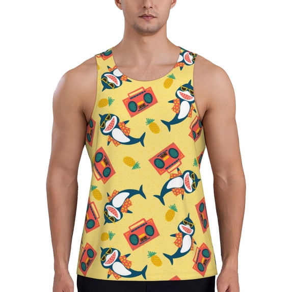 Fuzoiu Pineapples Sharks In Hawaiian Print Men's Workout Tank Tops,Sleeveless Gym Shirt Quick Dry,Fitness Bodybuilding T-Shirt,Muscle Athletic Workout Tee-X-Large