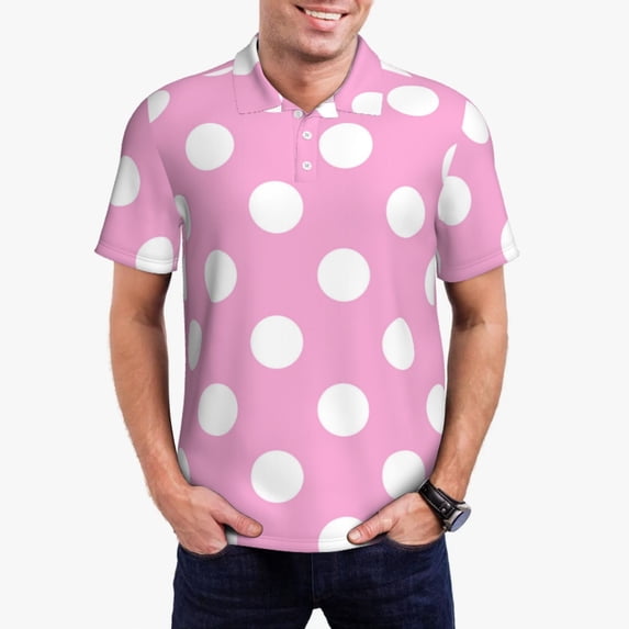 Fuzoiu Pink And White Polka Dot Print Men's Polo Shirts Short Sleeve,Golf Shirts for Men,Mens Golf Shirt Moisture Wicking Quick-Dry-Large