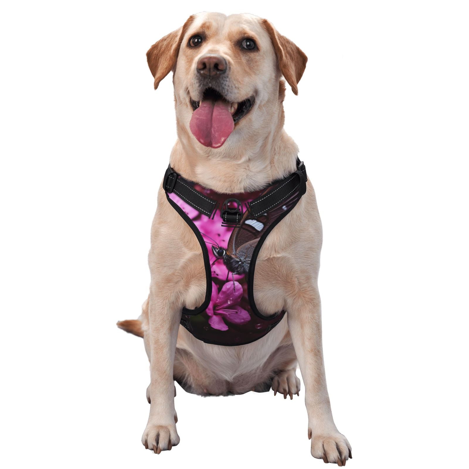 Fuzoiu Pink Blossoms Butterfly Print Reflective Dog Harness,Adjustable, Breathable Pet Vest,Dog Harness No Pull,No Choke Pet Vest for Small, Medium, and Large Dogs-Medium