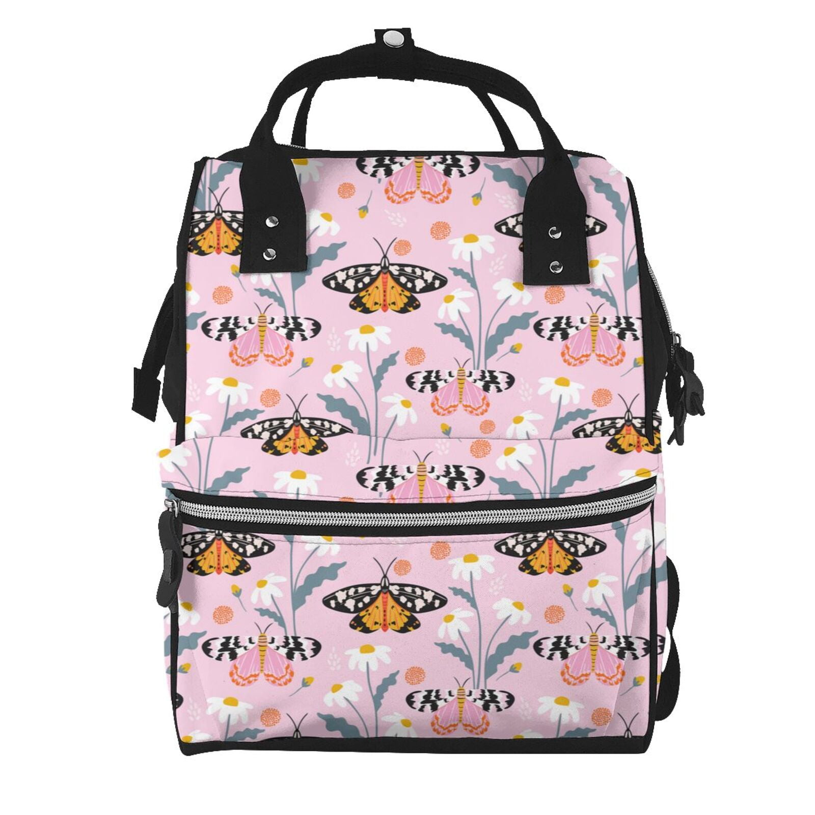 Fuzoiu Pink Butterfly Daisy Print Diaper Bag Backpack,Baby Essentials Travel Tote,Multi function Waterproof Diaper Bag, Travel Essentials Baby Bag - Unisex