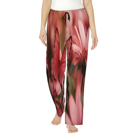 Fuzoiu Pink Butterfly Print Women's Pajama Pants,Lounge Pants with Drawstring and Pockets, Casual Pjs Sleep Bottoms, Women's Sleep Pants-X-Large