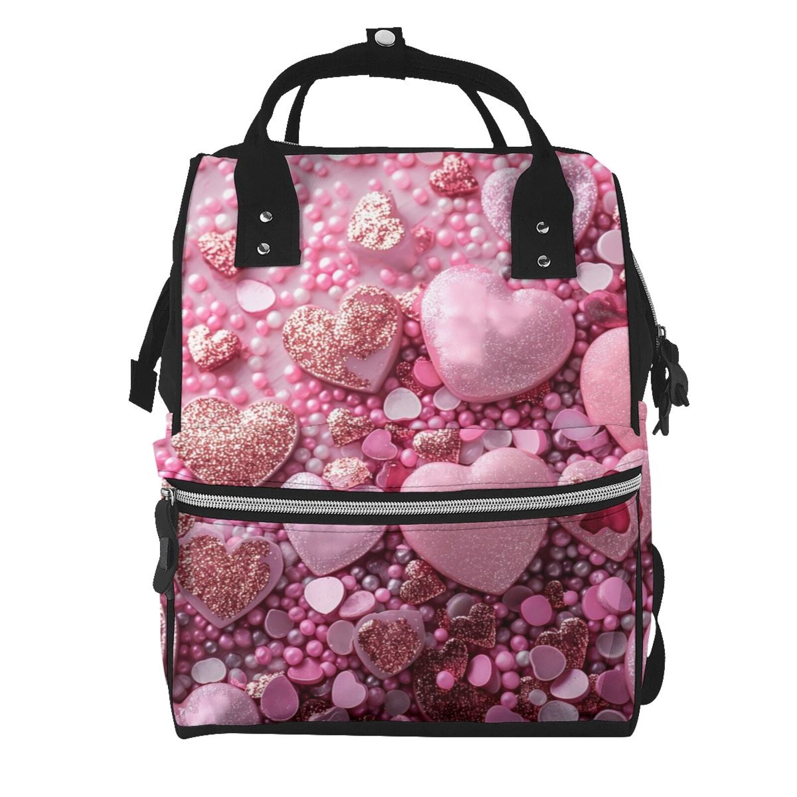 Fuzoiu Pink Glitter Heart Candy Print Diaper Bag Backpack,Baby Essentials Travel Tote,Multi function Waterproof Diaper Bag, Travel Essentials Baby Bag - Unisex