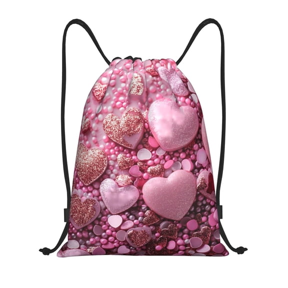 Fuzoiu Pink Glitter Heart Candy Print Drawstring Backpack for Gym, Travel, Yoga,Sports Sackpack String Bag for Women Men-Small