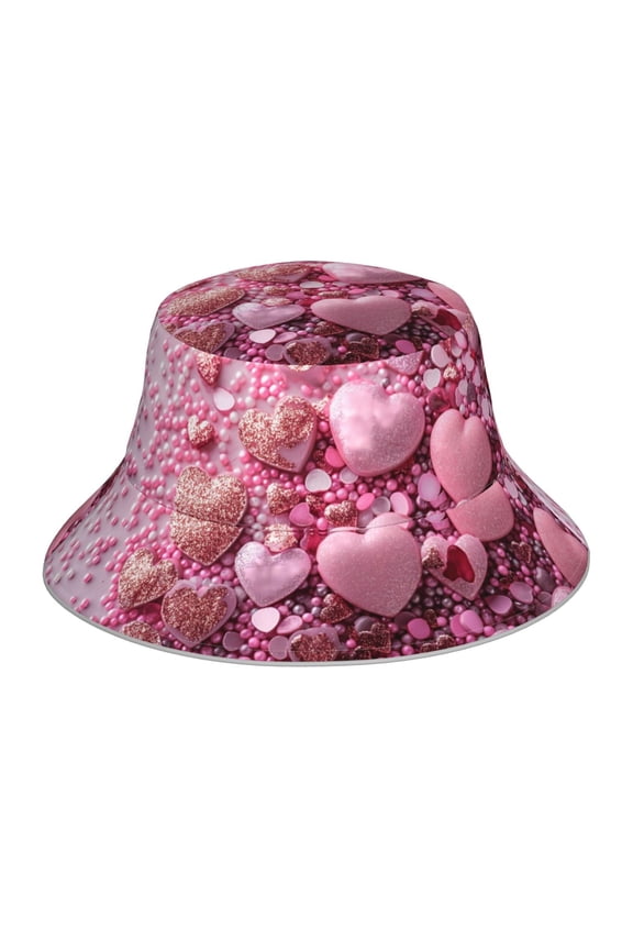 Pink Glitter Heart Candy Print Reflective Bucket Hat,Outdoor Hat for Men and Women,Bucket Hat for Travel Fishing Hunting Summer Camp