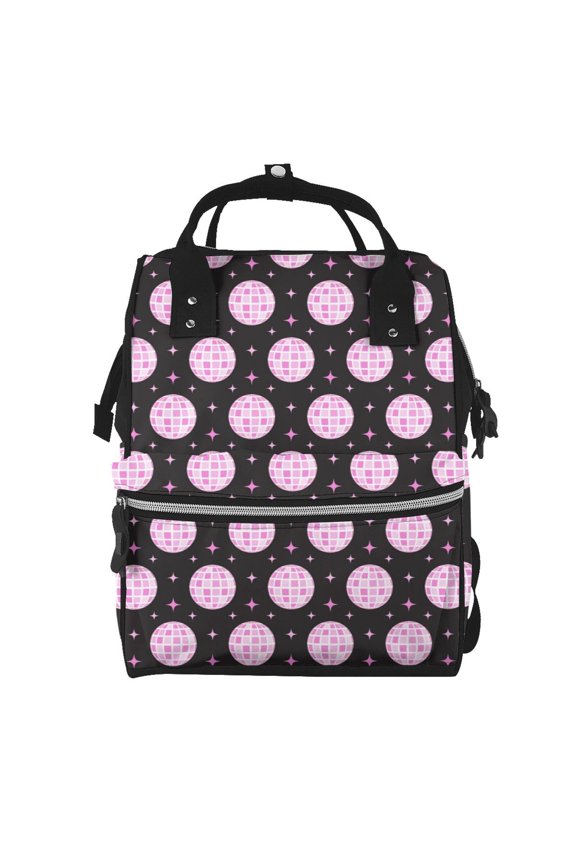 Pink Groovy Disco Ball Print Diaper Bag Backpack,Baby Essentials Travel Tote,Multi function Waterproof Diaper Bag, Travel Essentials Baby Bag - Unisex