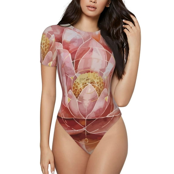 Fuzoiu Pink Lotus Print Women's Short-Sleeved Onesie, Short Sleeve Body Suits, Women Round Neck Bodysuits for Women,for Daily Wear, Parties, and Layering-Medium