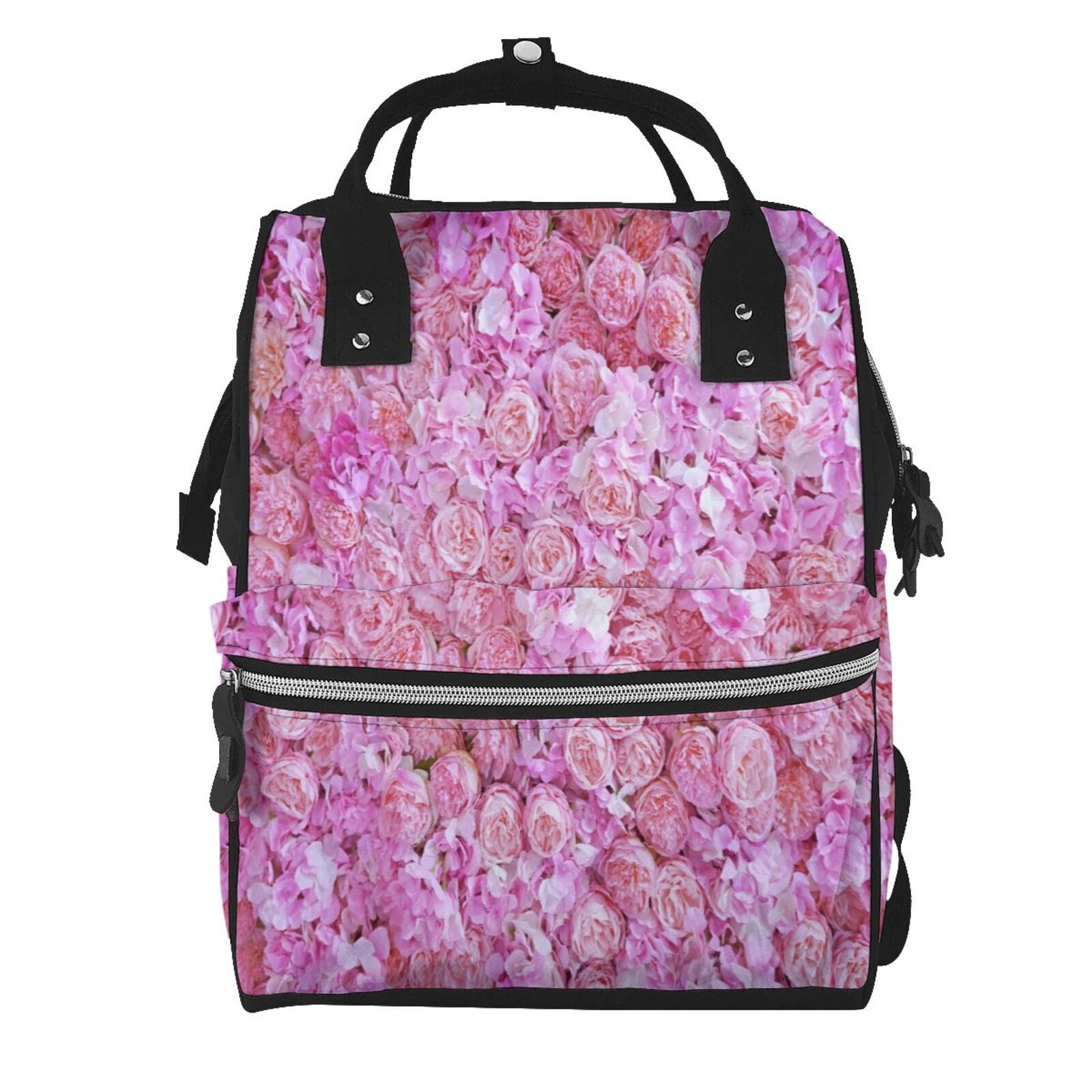 Fuzoiu Pink Roses Print Diaper Bag Backpack,Baby Essentials Travel Tote,Multi function Waterproof Diaper Bag, Travel Essentials Baby Bag - Unisex
